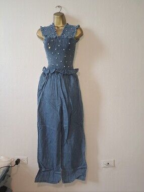 Smocked Pearl-Embellished Denim Jumpsuit in Blue